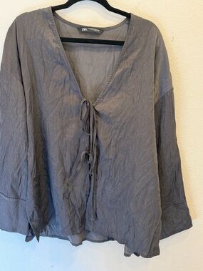 Zara Slate Gray Tie-Front V-Neck Blouse